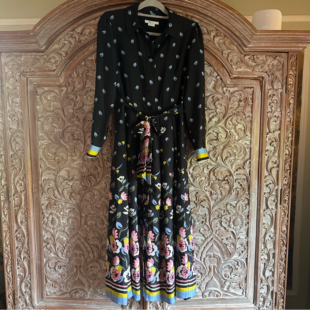 Boden Black Floral Border Dress with Belt